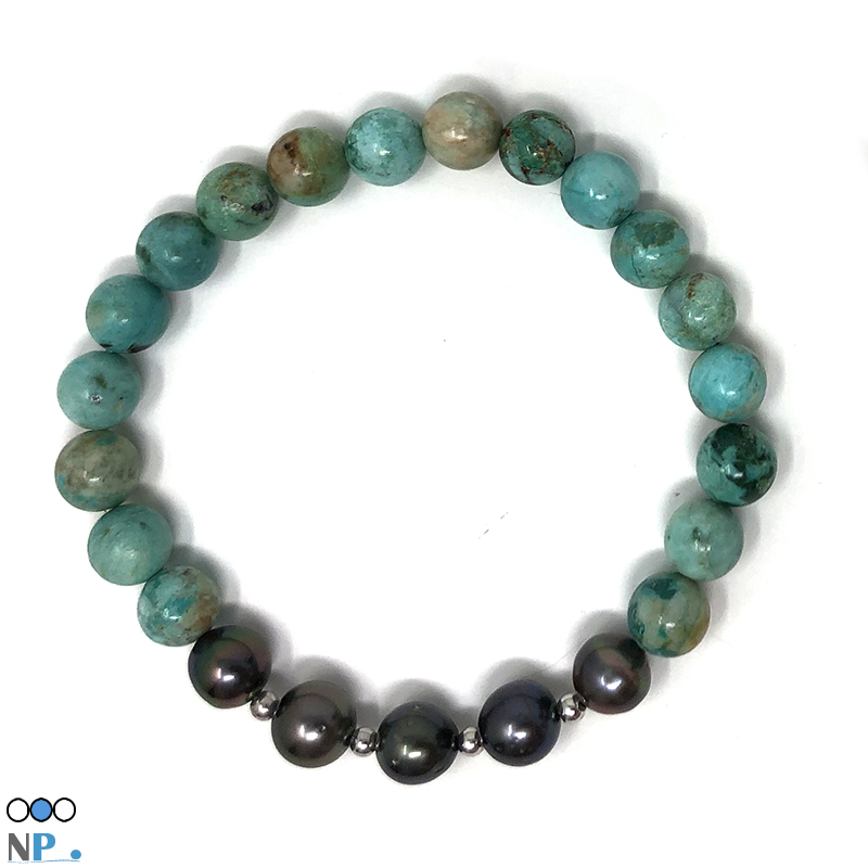 bracelet tendance, bijou à la mode avec d'authentiques perles de tahiti et de vraies turquoises du perou